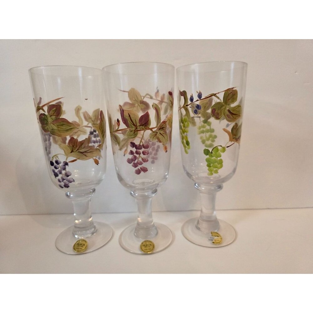 Block Crystal Hand Blown Wine Glasses Set Of 3 Painted Grapevine Design  8.75"